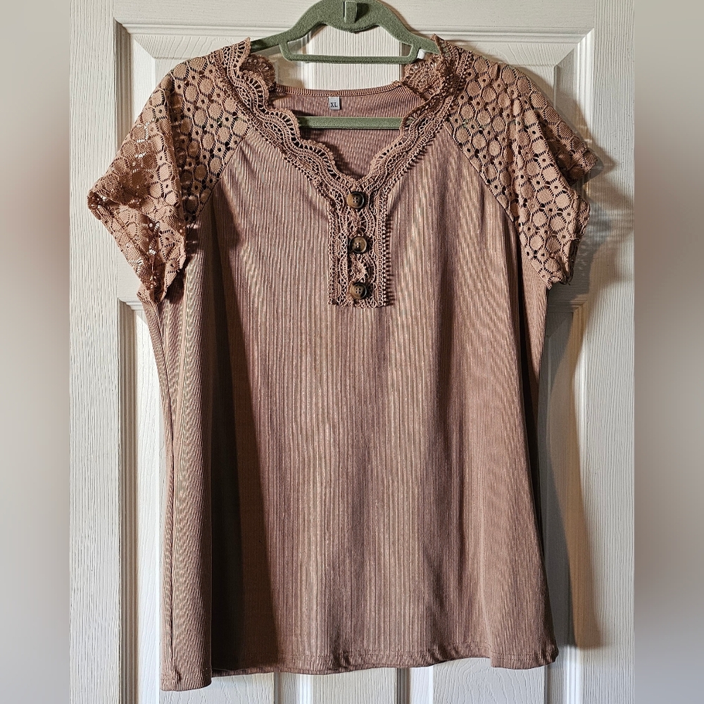Lace Sleeve Ribbed Tan Top